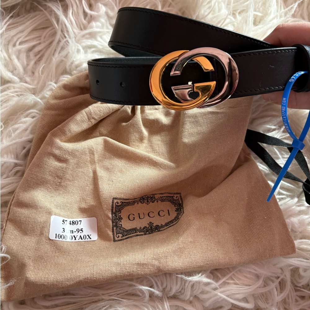 Gucci Marmont GG Belt Black Leather Gold Silver Buckle Size 95/38 Authenticated